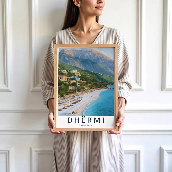 Experience the Mediterranean charm of Dhërmi Beach with this fine art landscape photograph featuring vibrant blue sea and sun-drenched cliffs. MapYourDreams makes this available in unframed paper, custom framed styles, and gallery canvas wraps.