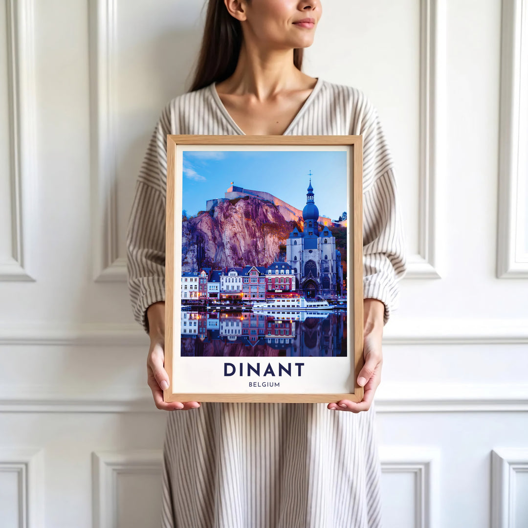 Sophisticated European photo print depicting the iconic Citadel fortress and riverfront of Dinant, Belgium. Available in multiple presentation styles such as unframed paper prints, custom framed posters, and gallery stretched canvas.