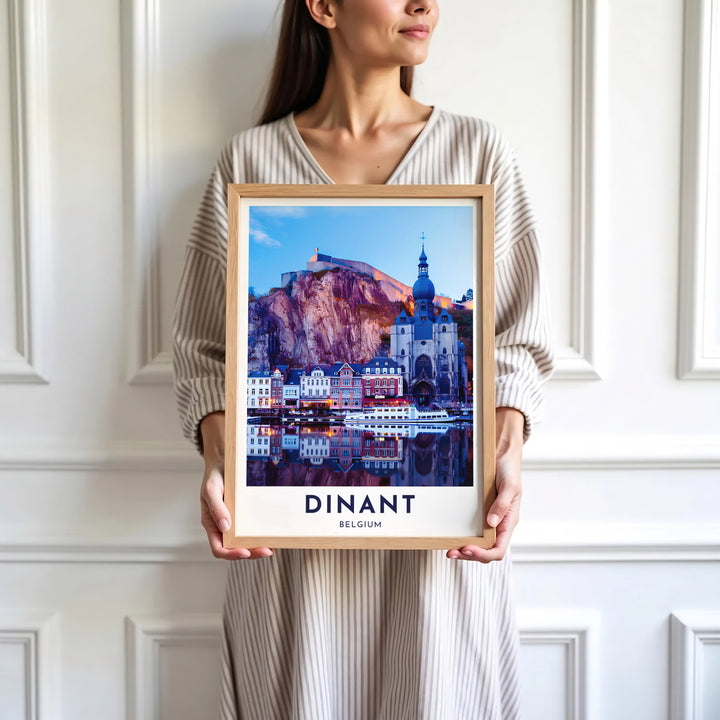 Sophisticated European photo print depicting the iconic Citadel fortress and riverfront of Dinant, Belgium. Available in multiple presentation styles such as unframed paper prints, custom framed posters, and gallery stretched canvas.
