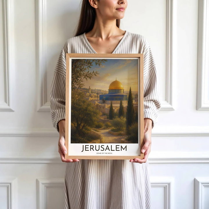 High detail landscape print depicting Jerusalem Dome of the Rock golden dome, blue ceramic tiles, and olive grove pathways. Brought by MapYourDreams, this artwork is available in flexible options including unframed paper, custom wooden frames, and gallery canvas wraps for study room decor.
