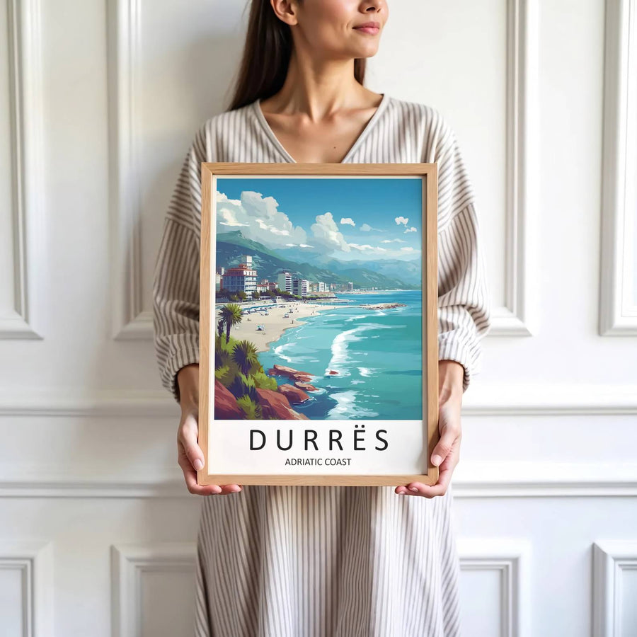 Vibrant turquoise sea waters gently roll onto the sandy beach beneath the city skyline of Durrës in central Albania. MapYourDreams produces this image in unframed paper, custom wooden frames, and gallery canvas wraps.