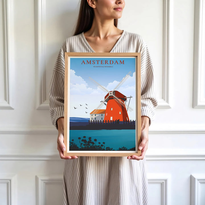 Contemporary vector fine art print of a red Dutch windmill scene with sky blue background washes, presented by MapYourDreams where customers can choose from unframed paper posters, ready-to-hang canvas decor, or custom framed wall art choices.