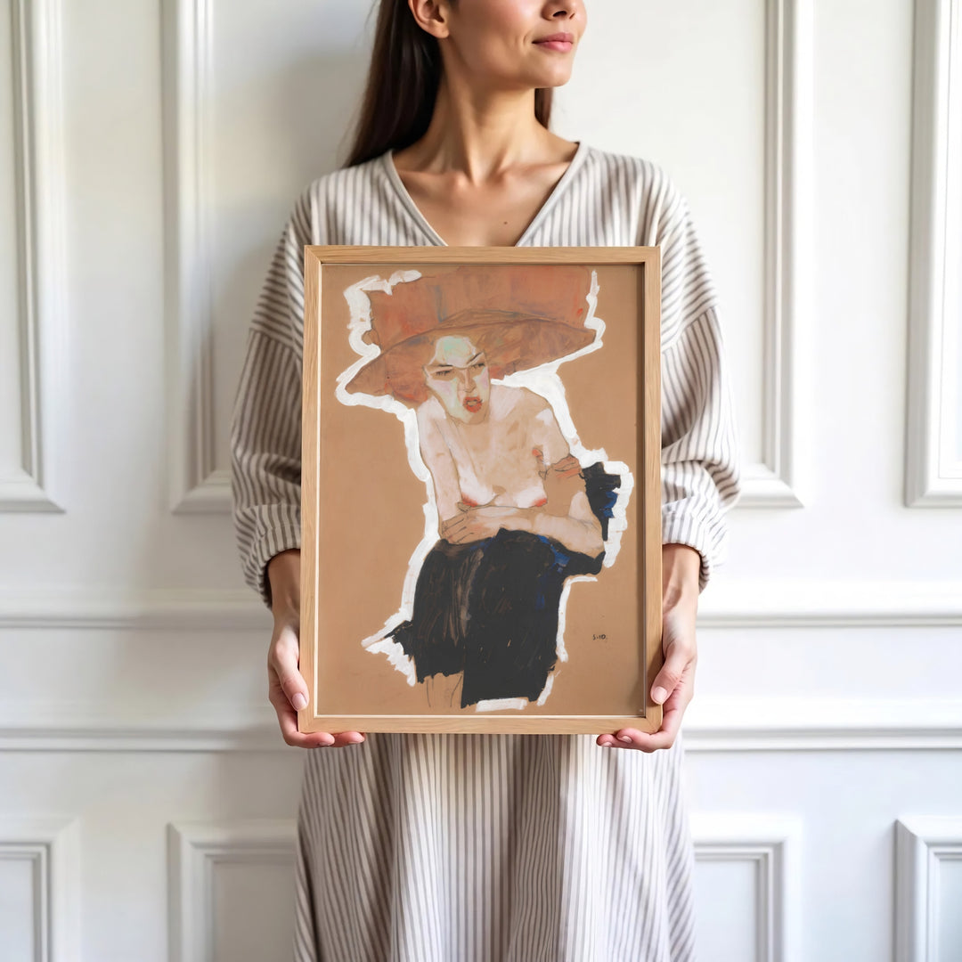High-definition museum figure print of Egon Schiele Seated Woman With Hat 1910 created in Vienna Austria displaying refined line style. Order custom framed wall art, unframed poster prints, and stretched gallery canvas formats directly at MapYourDreams store for wall transformations.