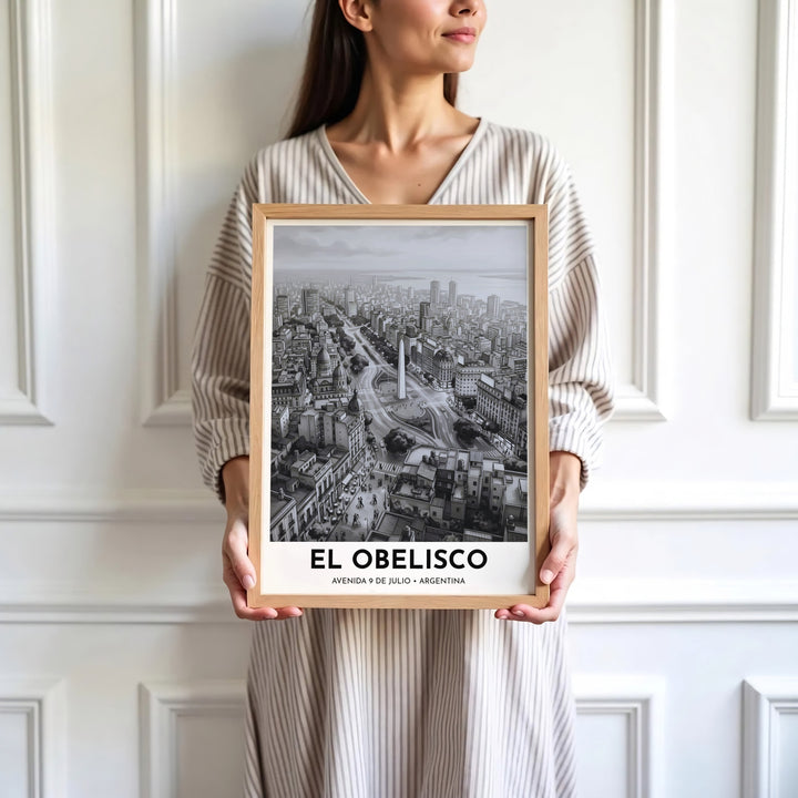 Black and white city layout print showing the historic central plaza and Obelisco monument of Buenos Aires. Skillfully produced by MapYourDreams, this artwork is provided in multiple formats including unframed paper stock, custom frames, or stretched canvas wraps.