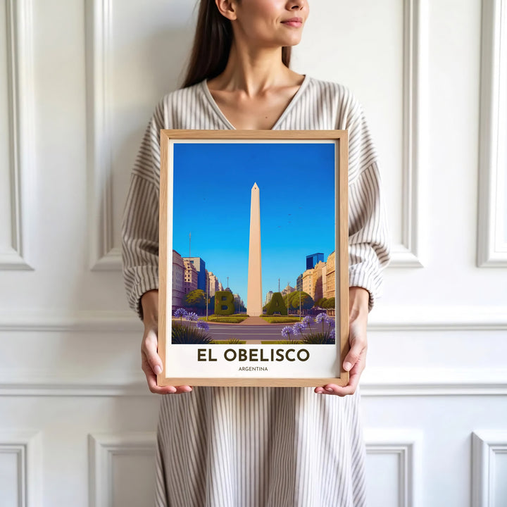 Vibrant city view print showing the topiary BA letters and towering obelisk under a brilliant blue afternoon sky. Skillfully produced by MapYourDreams, this artwork is provided in multiple formats including unframed paper stock, custom frames, or stretched canvas wraps.