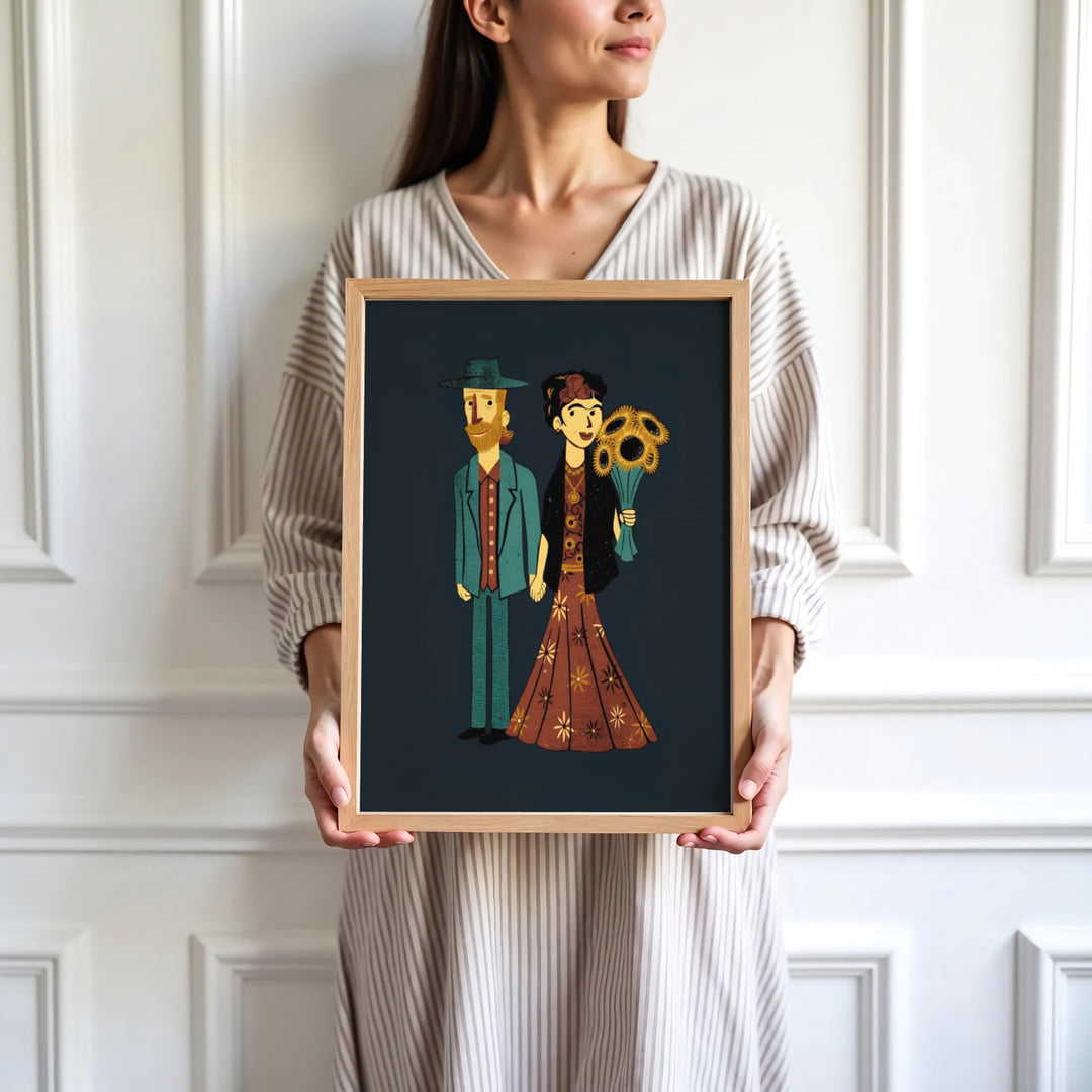 High-definition cute art print of Frida Kahlo And Van Gogh Couple 1939 set in the historical district of Coyoacán, Mexico City. Order custom framed wall art, unframed poster prints, and stretched gallery canvas options directly at MapYourDreams for wall display.