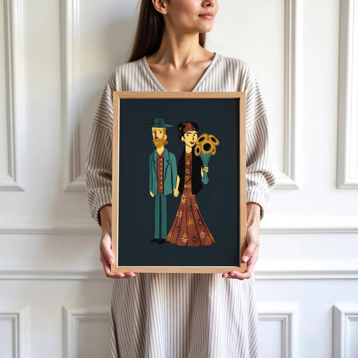 High-definition cute art print of Frida Kahlo And Van Gogh Couple 1939 set in the historical district of Coyoacán, Mexico City. Order custom framed wall art, unframed poster prints, and stretched gallery canvas options directly at MapYourDreams for wall display.