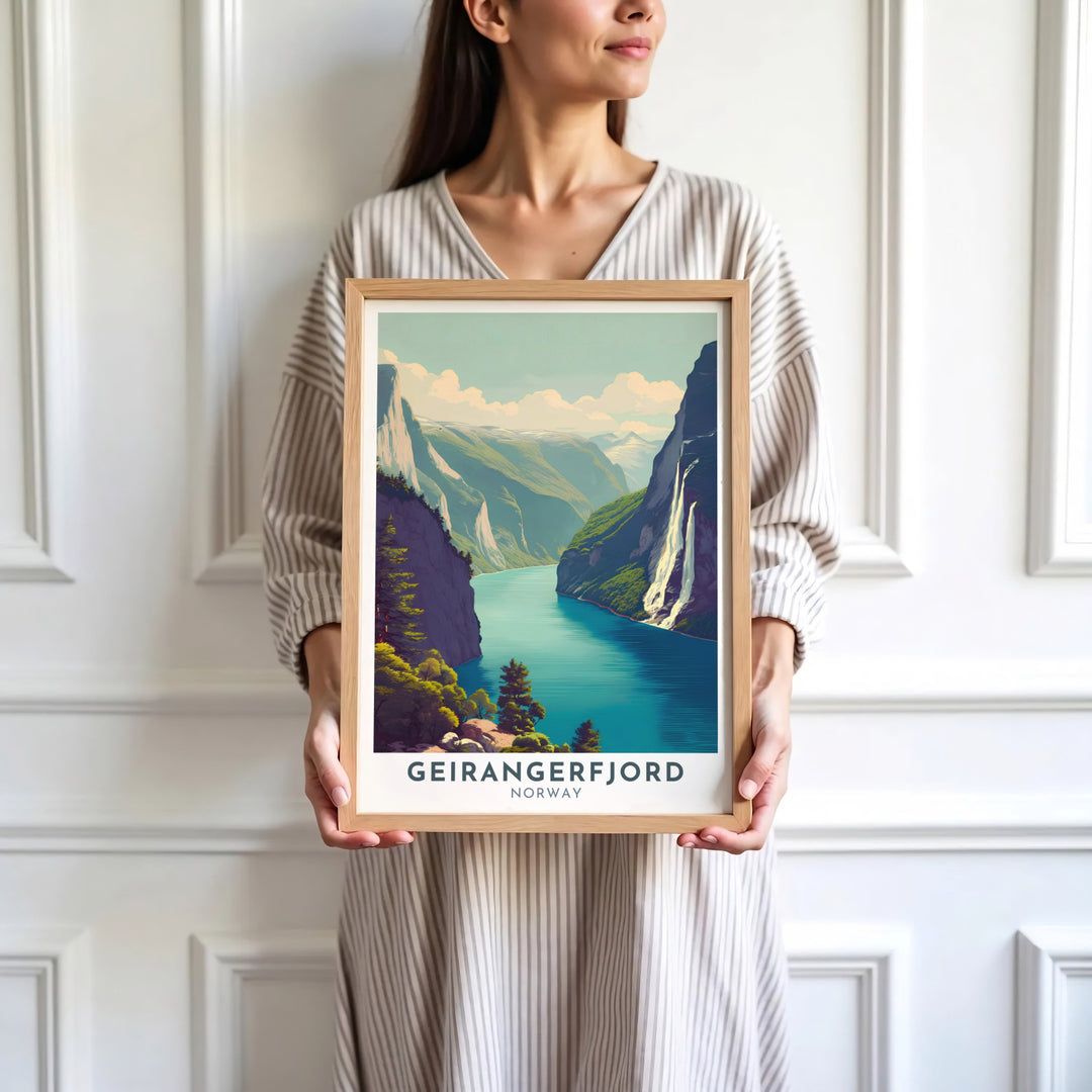 Artistic depiction of the iconic Geirangerfjord landscape in Norway with cascading streams framed by dramatic mountain summits. Offered by MapYourDreams, this travel artwork is customizable as an unframed poster print, ready to display framed print, or premium gallery wrap canvas.