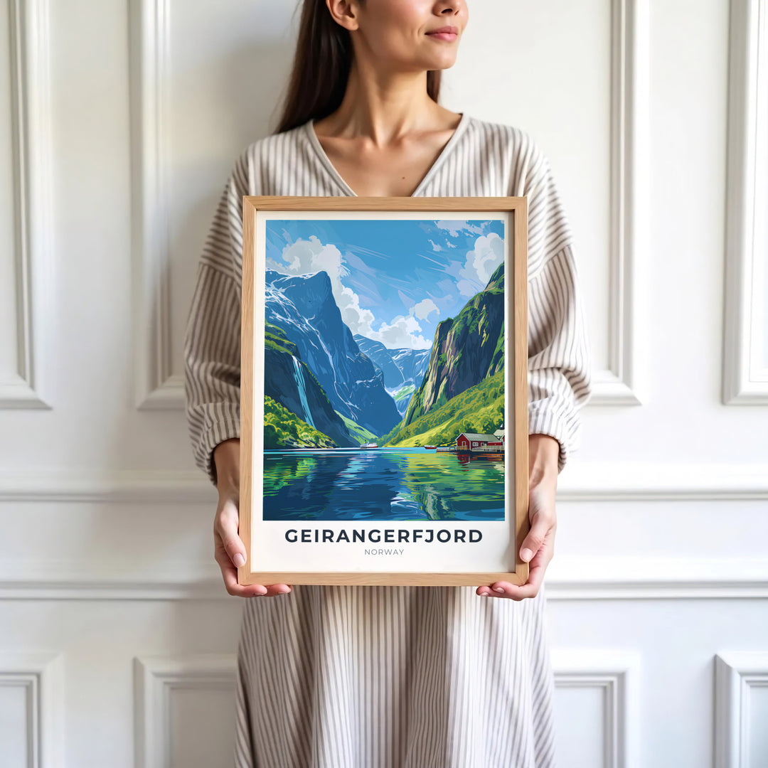 Artistic depiction of the iconic Geirangerfjord scenery in Norway with a cruise boat framed by dramatic mountain summits and waterfalls. Offered by MapYourDreams, this travel artwork is customizable as an unframed poster print, ready to display framed print, or premium gallery wrap canvas.