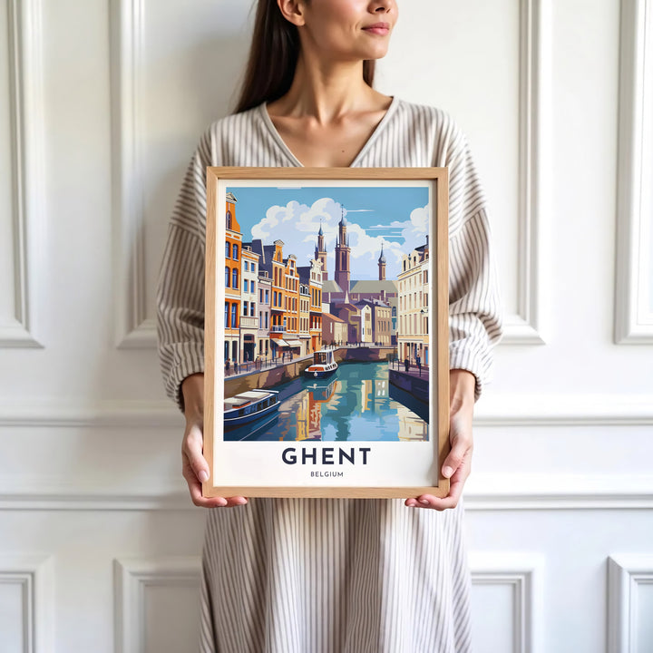 Sophisticated European city art print depicting the serene canal view and historic buildings of Ghent, Belgium. Available in multiple presentation styles such as unframed paper prints, custom framed posters, and gallery stretched canvas.
