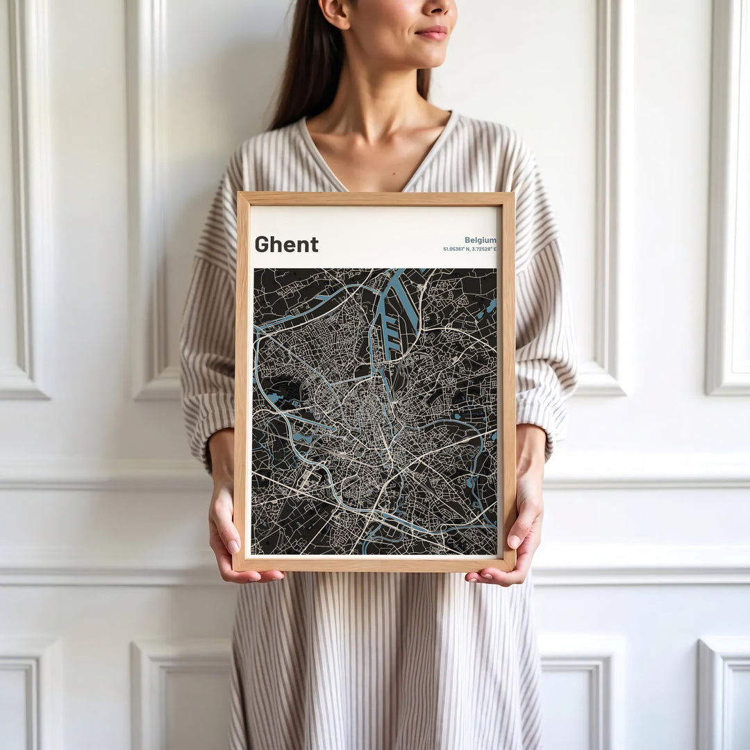 Sophisticated dark mode cartography wall decor displaying coordinates and roads for Ghent, Belgium. Available in multiple presentation styles such as unframed paper prints, custom framed posters, and gallery stretched canvas.