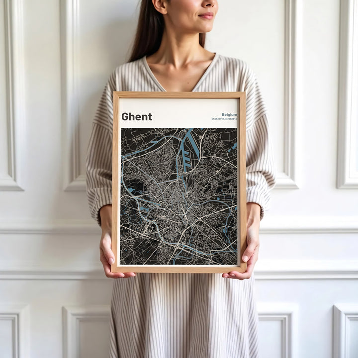 Sophisticated dark mode cartography wall decor displaying coordinates and roads for Ghent, Belgium. Available in multiple presentation styles such as unframed paper prints, custom framed posters, and gallery stretched canvas.