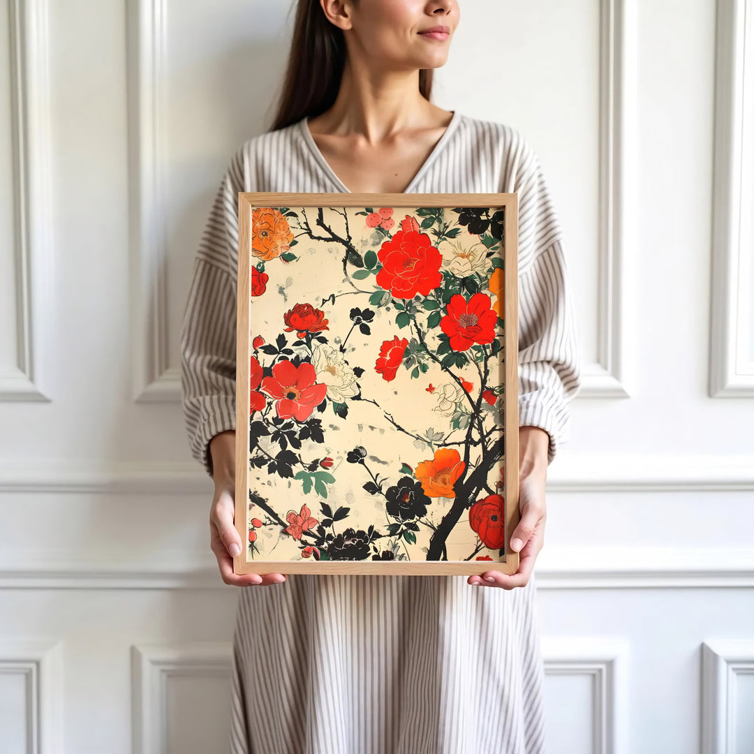 High-definition Japanese Ukiyo-e floral print of Hokusai red camellia artwork by artist Katsushika Hokusai referencing Tokyo art gallery exhibits. Order custom framed, unframed, and canvas print options at MapYourDreams.