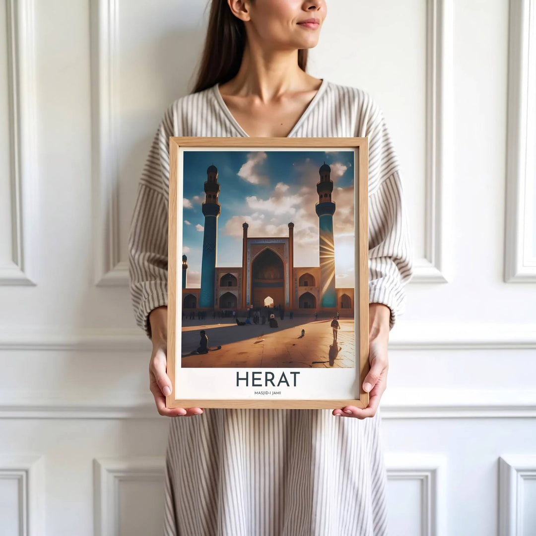 High detail photography print depicting Herat Great Mosque archways, lapis minarets, and sunlit courtyard plaza. Brought by MapYourDreams, this artwork is available in flexible options including unframed paper, custom wooden frames, and gallery canvas wraps for study room decor.