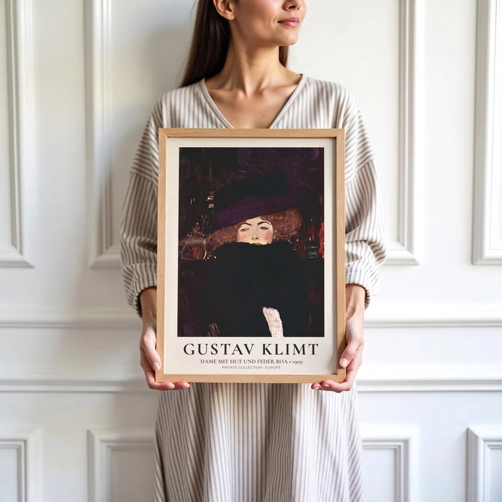 High-definition historical portrait poster of Gustav Klimt Dame Mit Hut Und Federboa 1909 portraying European masterworks from a Private Collection in Europe. Order custom framed wall art, unframed poster prints, and stretched gallery canvas formats directly at MapYourDreams.