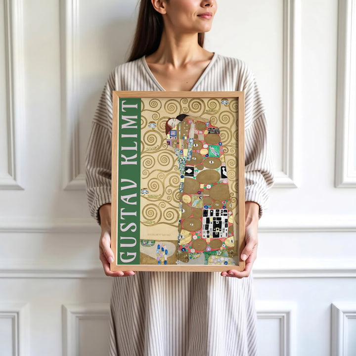 High-definition historical frieze poster of Gustav Klimt Fulfillment Die Erfullung 1909 portraying European masterworks from the Stoclet Palace in Brussels Belgium. Order custom framed wall art, unframed poster prints, and stretched gallery canvas formats directly at MapYourDreams.