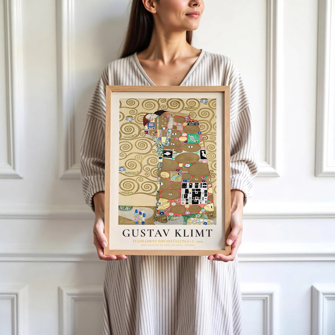 High-definition historical frieze poster of Gustav Klimt Fulfillment Die Erfüllung 1909 portraying European masterworks from the Palais Stoclet in Brussels Belgium. Order custom framed wall art, unframed poster prints, and stretched gallery canvas formats directly at MapYourDreams store.