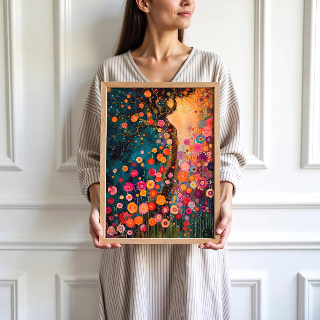 Vibrant abstract tree poster print of Gustav Klimt Style Dream Of Flowers rendered in rich emerald, teal, coral, and gold hues. Browse archival framed wall art, unframed poster prints, and stretched gallery canvas options at MapYourDreams for creative and colorful home spaces.