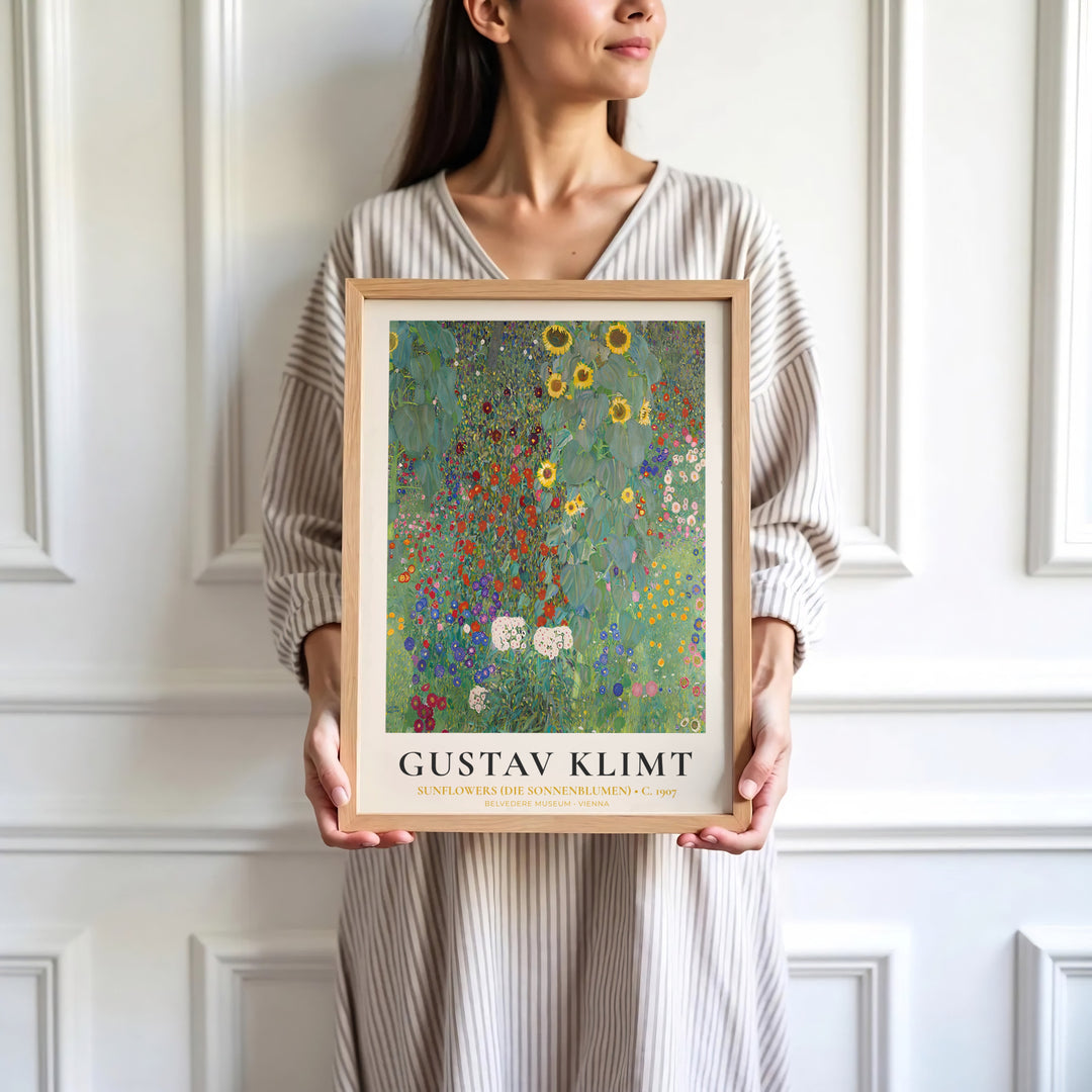 High-definition museum art print of Gustav Klimt Sunflowers Die Sonnenblumen 1907 at Belvedere Museum Vienna displaying rich floral patterns. Order custom framed wall art, unframed poster prints, and stretched gallery canvas formats directly at MapYourDreams store for wall transformations.