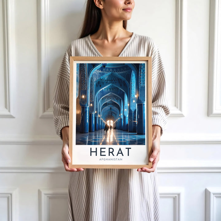Vibrant blue Islamic architectural art poster of the Great Mosque of Herat in Afghanistan with polished floor reflections, presented by MapYourDreams as an unframed paper print, gallery canvas, or custom framed decor in black, natural wood, and white frames for office setups.