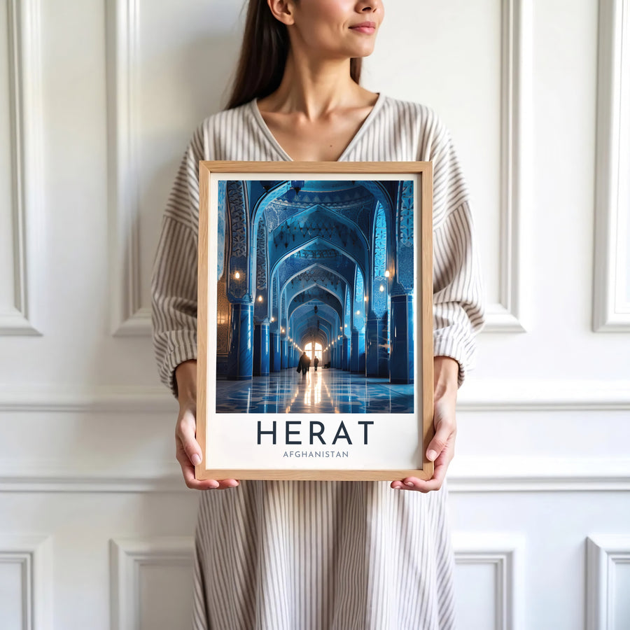 Vibrant blue Islamic architectural art poster of the Great Mosque of Herat in Afghanistan with polished floor reflections, presented by MapYourDreams as an unframed paper print, gallery canvas, or custom framed decor in black, natural wood, and white frames for office setups.