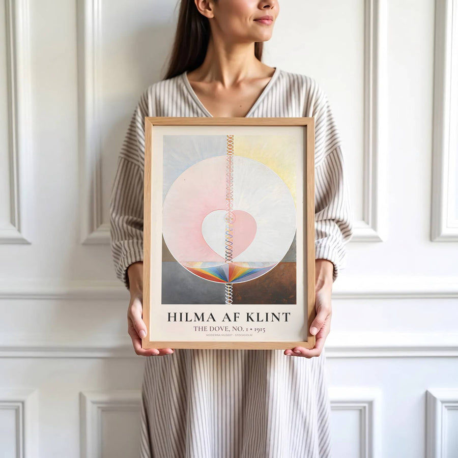 Highlighting gentle textural contrasts and a deeply calming spiritual palette from Stockholm exhibition archives, this historic The Dove No 1 1915 print by Hilma af Klint adds instant sophistication. Offered by MapYourDreams, this artwork is available in flexible options including unframed paper, custom wooden frames, and gallery canvas wraps.