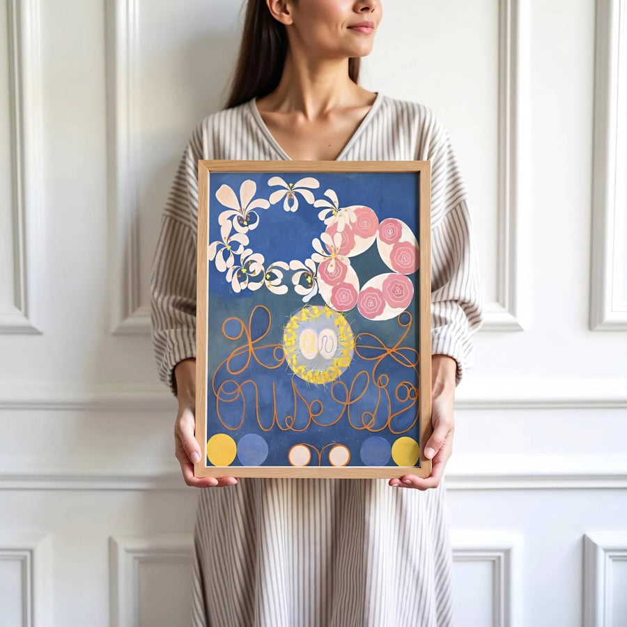 Highlighting gentle textural contrasts and a deeply calming spiritual palette from Stockholm exhibition archives, this historic The Ten Largest No 1 Childhood 1907 print by Hilma af Klint adds sophistication. Offered by MapYourDreams, this artwork is available in flexible options including unframed paper, custom wooden frames, and gallery canvas wraps.