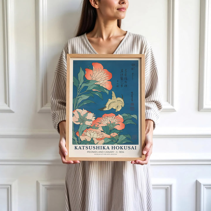 High-definition Japanese Ukiyo-e floral print of Peonies and Canary artwork by artist Katsushika Hokusai referencing museum archives in Boston. Order custom framed, unframed, and canvas print options at MapYourDreams.