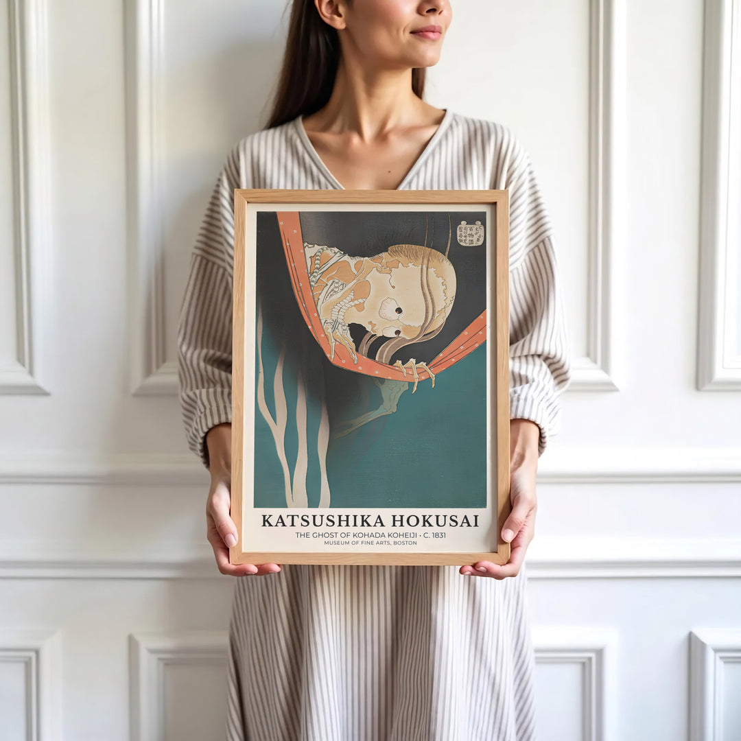 High-definition Japanese skeleton print of The Ghost of Kohada Koheiji artwork by artist Katsushika Hokusai referencing museum collections in Boston. Order custom framed, unframed, and canvas print options at MapYourDreams.
