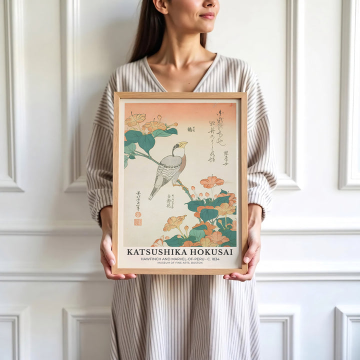 Peach gradient vintage Japanese wall art Hawfinch and Marvel-of-Peru by artist Katsushika Hokusai showing traditional seals and a songbird in Boston. Browse archival framed, unframed, and canvas poster choices at MapYourDreams.