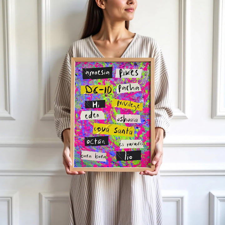 Summer party holiday memory print featuring dynamic splatter background and venue list from Ibiza, Spain, presented by MapYourDreams where users can select unframed paper posters, ready-to-hang canvas decor, or custom framed wall art choices.
