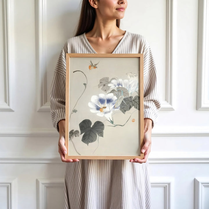Soft off-white background 1900 1930 vintage Japanese wall art by artist Ohara Koson showing insects and flowers from a historic Kyoto collection. Browse archival framed, unframed, and canvas poster choices at MapYourDreams.