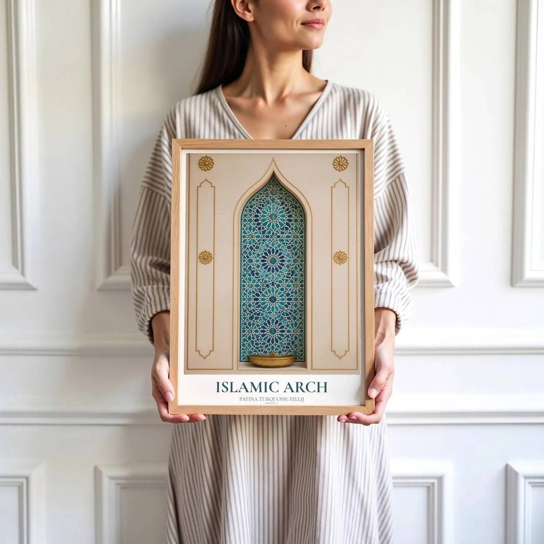High detail photography print depicting an Islamic archway, starburst turquoise zellij tile panel, and brass fountain basin. Brought by MapYourDreams, this artwork is available in flexible options including unframed paper, custom wooden frames, and gallery canvas wraps for study room decor.