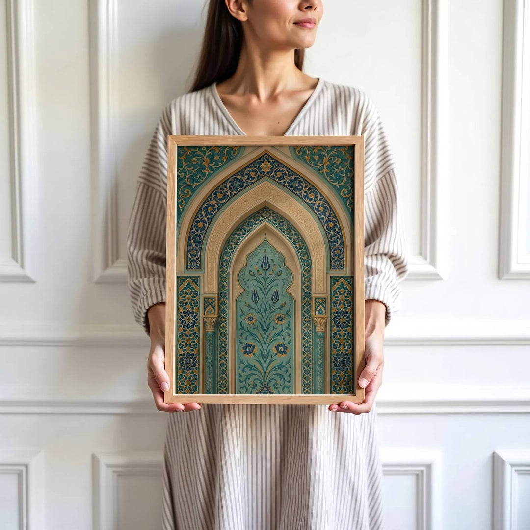 High detail photography print depicting an Islamic archway, stylized tulip stem, and lapis blue floral tile border paneling. Brought by MapYourDreams, this artwork is available in flexible options including unframed paper, custom wooden frames, and gallery canvas wraps for study room decor.