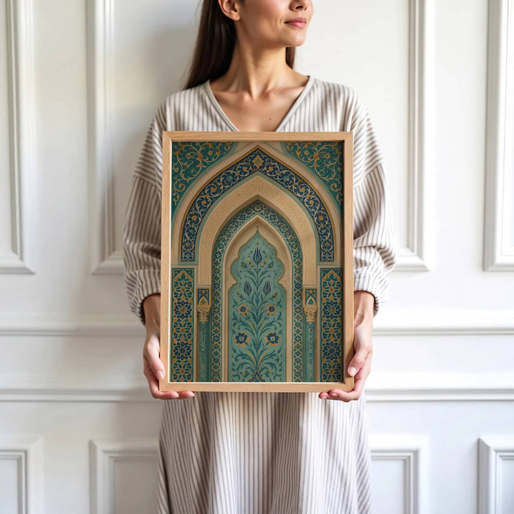High detail photography print depicting an Islamic archway, stylized tulip stem, and lapis blue floral tile border paneling. Brought by MapYourDreams, this artwork is available in flexible options including unframed paper, custom wooden frames, and gallery canvas wraps for study room decor.
