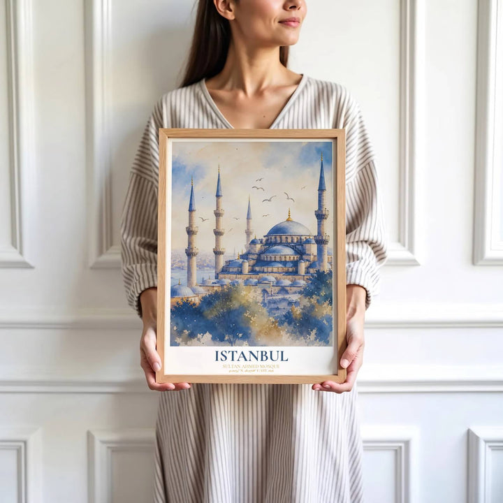 High detail watercolor print depicting Istanbul Blue Mosque domes, minarets, and Bosphorus horizon with fine washes. Brought by MapYourDreams, this artwork is available in flexible options including unframed paper, custom wooden frames, and gallery canvas wraps for study room decor.
