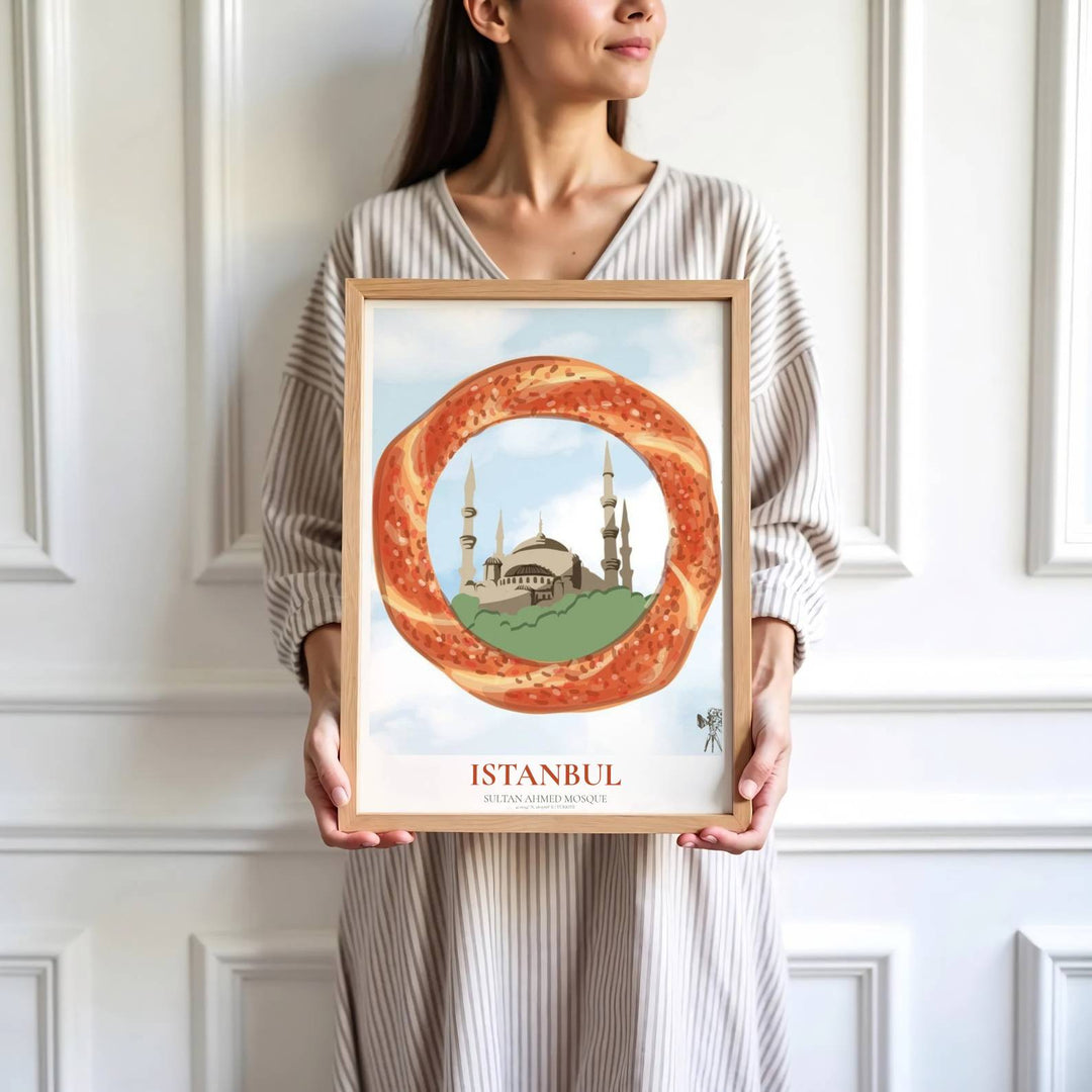 Whimsical food culture poster of Istanbul Turkey showing Sultan Ahmed Mosque through a circular toasted simit ring. Crafted by MapYourDreams, this artwork is available in flexible options including unframed paper, custom wooden frames, and gallery canvas wraps to suit your wall decor.