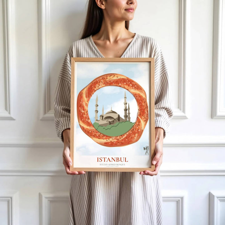 Whimsical food culture poster of Istanbul Turkey showing Sultan Ahmed Mosque through a circular toasted simit ring. Crafted by MapYourDreams, this artwork is available in flexible options including unframed paper, custom wooden frames, and gallery canvas wraps to suit your wall decor.