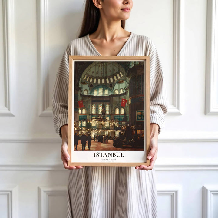 High detail interior print depicting Hagia Sophia dome, clerestory windows, marble piers, and visitor silhouettes. Brought by MapYourDreams, this artwork is available in flexible options including unframed paper, custom wooden frames, and gallery canvas wraps for study room decor.