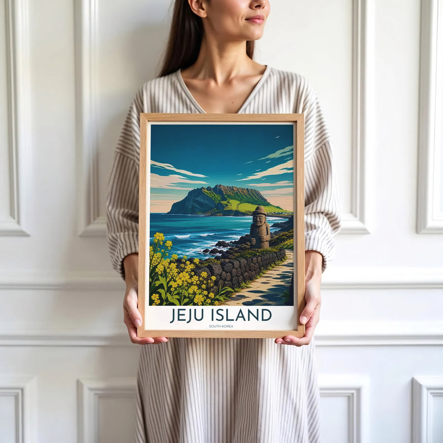 Minimalist white-bordered travel print of Jeju Island, South Korea, showcasing Seongsan Ilchulbong crater, a Dol Hareubang, and yellow wildflowers under a bright blue sky. Offered by MapYourDreams, this artwork is available in flexible options including unframed paper, custom wooden frames, and gallery canvas wraps.