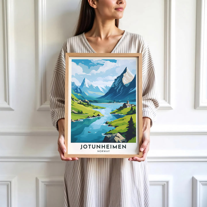 Artistic depiction of the iconic Jotunheimen scenery in Norway with a dramatic mountain peak overlooking a serene glacial lake. Offered by MapYourDreams, this travel artwork is customizable as an unframed poster print, ready to display framed print, or premium gallery wrap canvas.