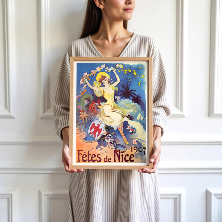 High-definition French travel art poster Fêtes De Nice by artist Jules Chéret referencing 1907 festival traditions in Nice France on the French Riviera. Order custom framed, unframed, and canvas print options at MapYourDreams.