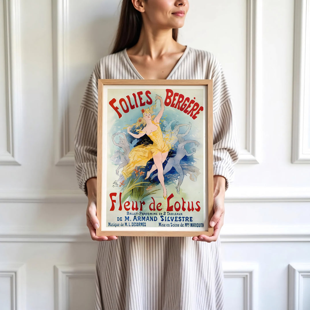 High-definition French performance art poster Folies Bergère Fleur De Lotus by artist Jules Chéret referencing 1893 cabaret history in Paris France. Order custom framed, unframed, and canvas print options at MapYourDreams.