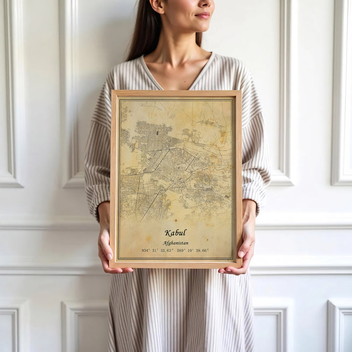 Antique style line art map poster of Kabul city in Afghanistan designed on weathered sepia paper, presented by MapYourDreams as an unframed paper print, gallery canvas, or custom framed decor in black, natural wood, and white frames for studio wall arrangements.