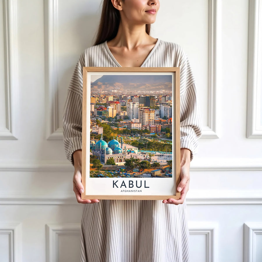 Travel destination photo print of Kabul city in Afghanistan captured from an elevated viewpoint overlooking urban neighborhoods, presented by MapYourDreams as an unframed paper print, gallery canvas, or custom framed decor in black, natural wood, and white frames for studio spaces.