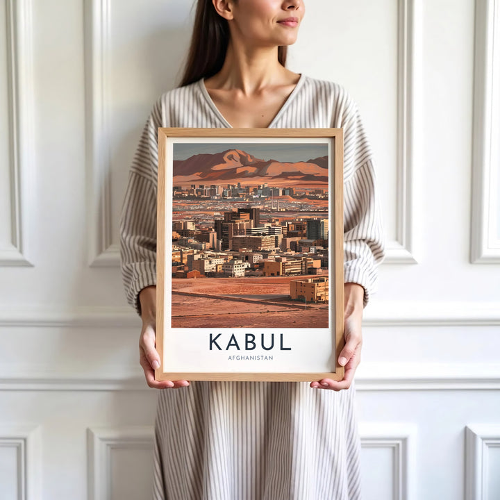 Travel destination exhibition print of Kabul city in Afghanistan captured in a stylized mid-century art format, presented by MapYourDreams as an unframed paper print, gallery canvas, and custom framed decor in black, natural wood, and white frames for studio spaces.