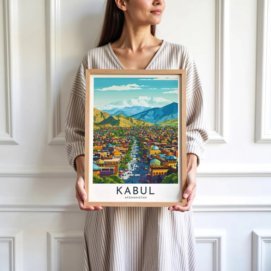 Travel destination vintage print of Kabul city in Afghanistan framed by Hindu Kush mountains, presented by MapYourDreams as an unframed paper print, gallery canvas, and custom framed decor in black, natural wood, and white frames for creative studio spaces.