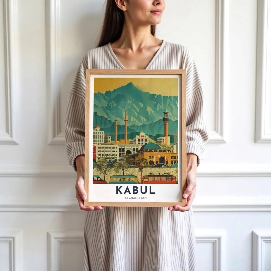 High-valley cityscape illustration print of Kabul, Afghanistan, featuring classic red buses and crisp mountain outlines. Supplied by MapYourDreams as an unframed paper print, a stretched canvas wall art piece, or a custom framed wall decor item for vibrant bedroom gallery walls.