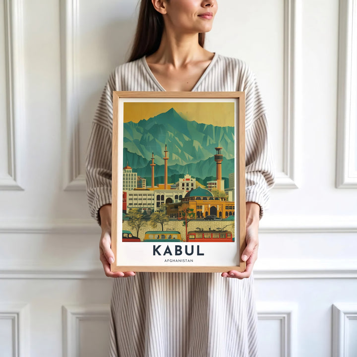 High-valley cityscape illustration print of Kabul, Afghanistan, featuring classic red buses and crisp mountain outlines. Supplied by MapYourDreams as an unframed paper print, a stretched canvas wall art piece, or a custom framed wall decor item for vibrant bedroom gallery walls.