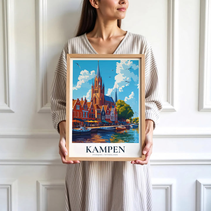 Contemporary vector fine art print of Kampen Overijssel Netherlands with sky blue clouds and soaring seagull silhouettes, presented by MapYourDreams where customers can choose from unframed paper posters, ready-to-hang canvas decor, or custom framed wall art choices.